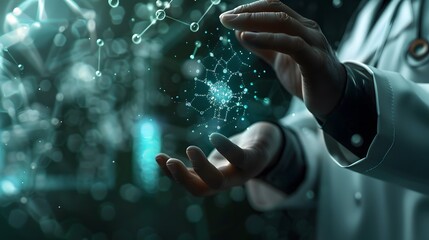 Conceptual depiction of NANO Future Technologies in Medicine, illustrating the atomic structure of nanotechnology. A doctor touches an icon representing nano technology on a virtual screen.