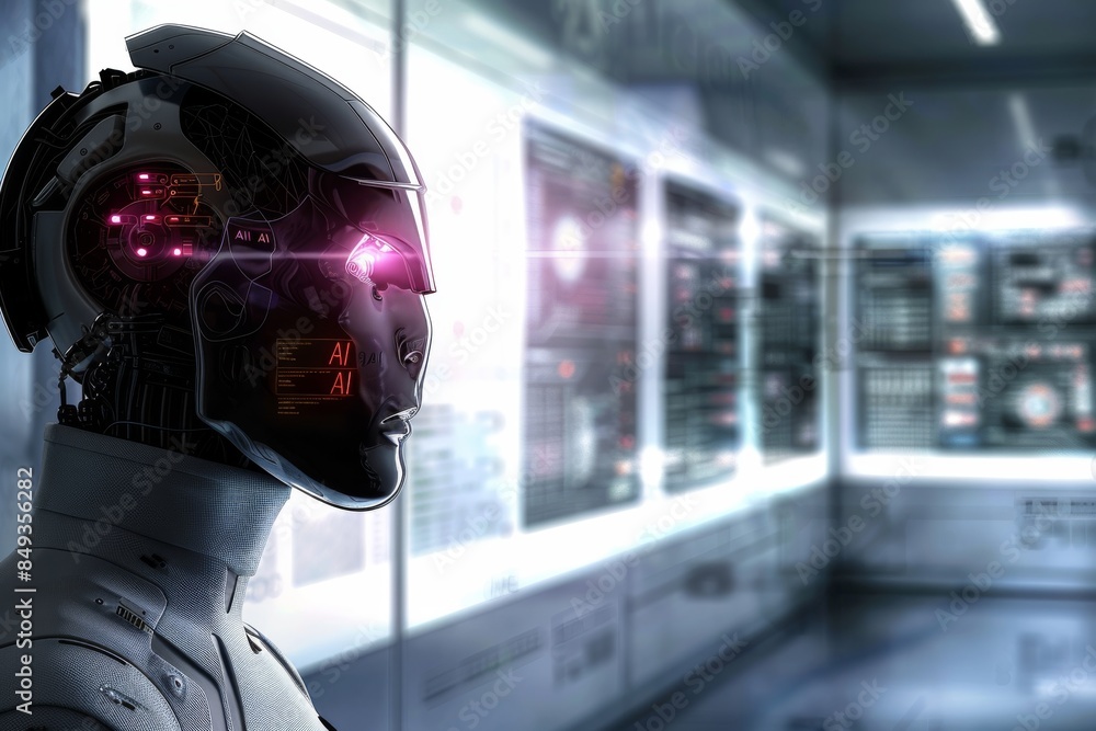 Aufkleber humanoid robot head with glowing ai interface, symbolizing the fusion of human and artificial intell