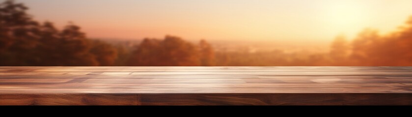 Rustic wooden table against a serene forest backdrop at sunset, perfect for showcasing products, lifestyle themes, or peaceful nature scenes.
