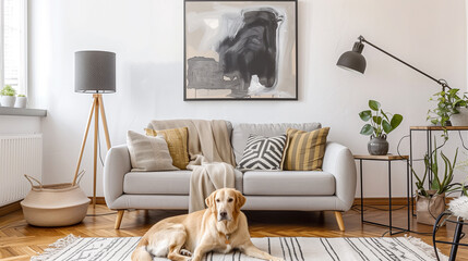 Modern Living Room with Golden Retriever Lying on Floor