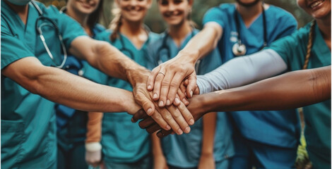 Diverse healthcare team with Caucasian, African American, and Hispanic members stacking hands in a gesture of unity and teamwork.