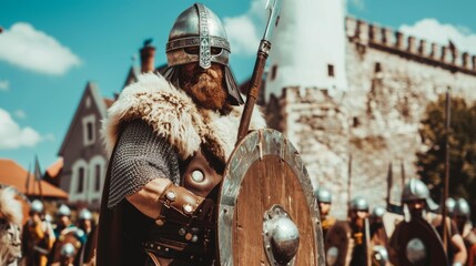 Viking warrior in historical reenactment with armor and shield