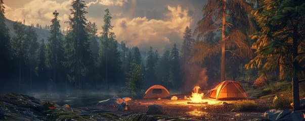 Fotobehang Friends camping in a scenic forest, tents, and campfire, 4K hyperrealistic photo. © Влада Яковенко