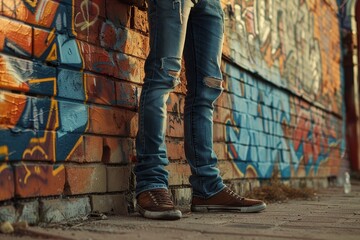 A person is standing in front of a graffiti wall wearing blue jeans