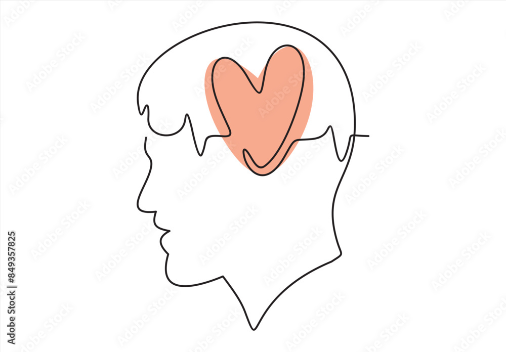 Poster one line icon thinking with heart concept.vector minimal continuous line logo design. human head, fa