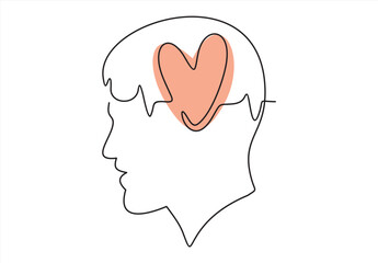 One line icon thinking with heart concept.Vector minimal continuous line logo design. Human head, face profile illustration.