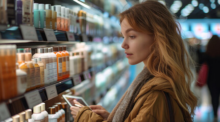 A Woman Traveling in an airport who is buying beauty products online on an duty free e-commerce website. Generative AI.