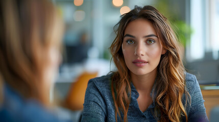 Obraz premium Refugee woman at an interview. Generative by AI