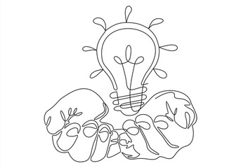 Continuous one line drawing of hand holding electric light bulb at palm arm. Concept of idea emergence or generate and giving business ideas. Vector illustration.