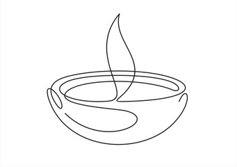 Continuous one line drawing oil lamp, candle burning flame. Black contour line simple minimalist graphic isolated vector illustration. Diwali festival celebration.
