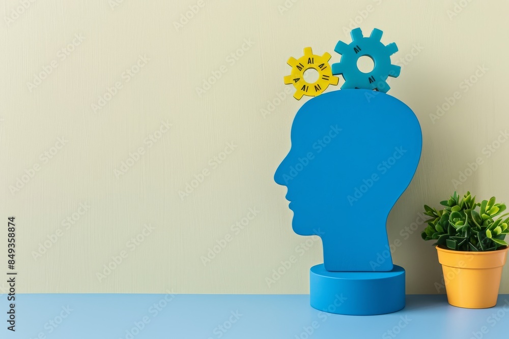 Poster ai brain with cogs on a blue background, symbolizing the integration of artificial intelligence in h