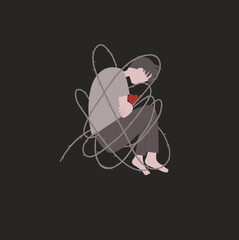 Person curl up holding a heart feel hurt from Barbed wire stabbed and feel alone in the black background vector flat art.