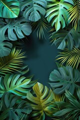 Green tropical leaves, foliage plant in green flat color background. Paper cut style. Space for text. Generative AI.