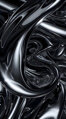 A black swirl of liquid metal, in the style of abstract digital art, creates an illusionistic depth with light and shadow effects, close up, using the rule technique, fluid lines, graceful curves