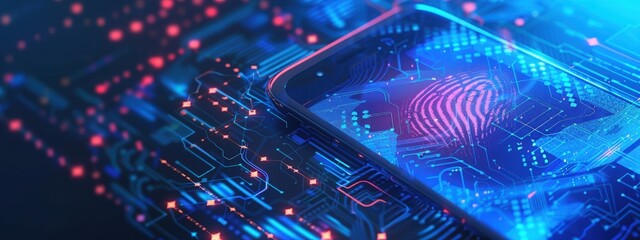 Personal banking and investment safety online with a wide banner showcasing a smartphone using biometric digital fingerprint and two-factor authentication. Emphasize the importance of cybersecurity 