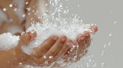 Fototapeta premium handwashing two hands being washed with soap and running water ,healthy , clean, for presentation