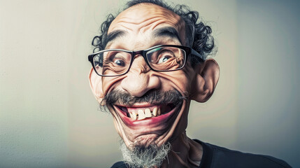 A man with a large, expressive smile and a goatee stares directly at the camera. His face is exaggerated and caricatured, showcasing a unique sense of humor