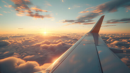 Obraz premium Airplane wing flying above clouds. Generative by AI