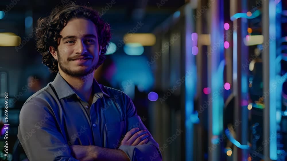 Poster factory mechanical engineer with arms folded standing and smiling at work