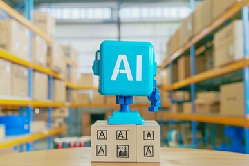 Fototapeta premium Humanoid robot interacting with digital AI interface, representing the advanced integration of artificial intelligence in robotics and technology