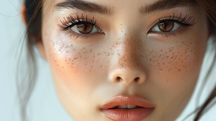 Fototapeta premium A young Asian woman with a flawless face, showcasing a perfect winged eyeliner. Generative AI.