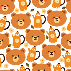 seamless pattern cartoon bear and flower with watering cane. cute wallpaper for textile, gift wrap paper