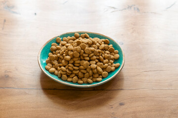 Some cat food on a plate on a wooden table indicating feline nutritional needs and health