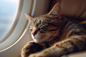 Naklejka premium Cat Napping in Airplane Cabin Window Seat. Generative by AI