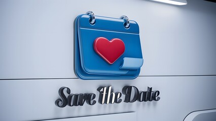 A blue calendar icon with a heart symbol in the center. Below the calendar, there's a text that reads 'SAVE THE DATE'. The calendar appearsto be a digital representation