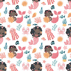 Vector seamless children's magic pattern with a mermaid, perfect for nursery decor, kids' room art, birthday party invitations, greeting cards, and educational materials.
