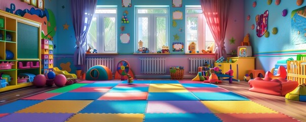 Beautiful kindergarten, game colorful room for young kids, banner. Generative AI.