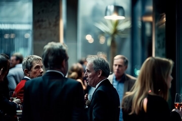 Fototapeta premium A group of people are standing around and talking, one man is wearing a suit