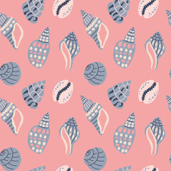 Sea shells seamless pattern. Trendy pattern of seashells for wrapping paper, wallpaper, stickers, notebook cover. The texture may be used for printing on fabric or paper and background in web design.