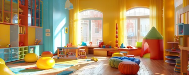 Beautiful kindergarten, game colorful room for young kids, banner. Generative AI.