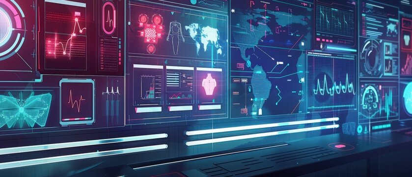 Design a banner featuring a computer display of digital patient files, showcasing medical exam results, healthcare information, and doctor appointment schedules