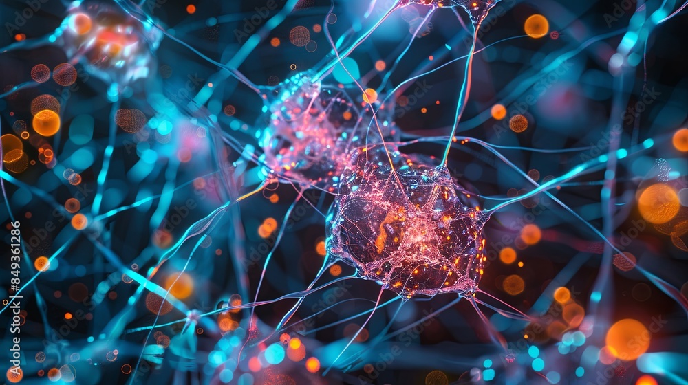 Poster An abstract visual representation of a neural network with nodes and connections, demonstrating the data processing and learning capabilities of artificial intelligence. Generative AI