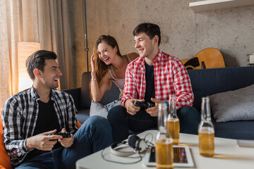 happy young people having fun, friends party at home