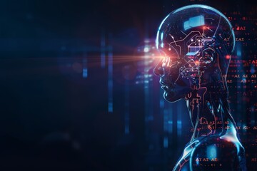 Fototapeta premium Futuristic humanoid robot head with digital circuits, representing advanced artificial intelligence in modern technology and robotics