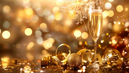 Sparkling golden champagne glass to celebrate New Year's Eve