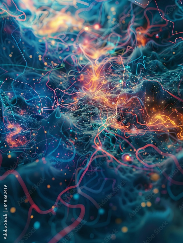 Poster A colorful abstract illustration of a neural network, showcasing interconnected nodes and data flow, representing the complex processes of AI learning. Generative AI