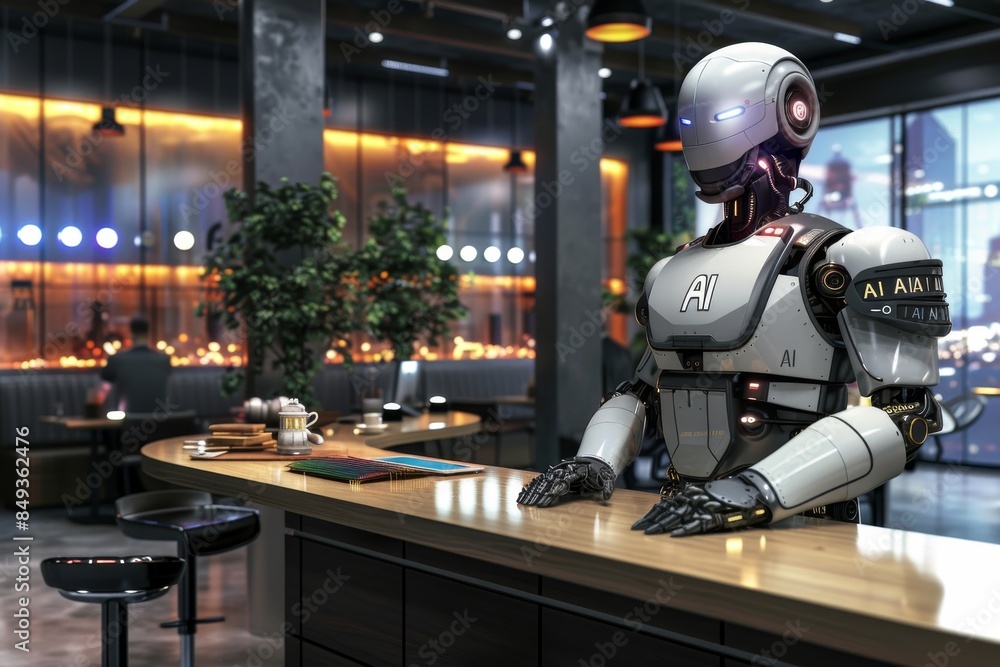 Poster robot barista in a modern cafe, representing the integration of artificial intelligence in the servi