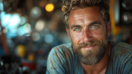 Obraz premium Bearded man with striking blue eyes smiling in workshop, exuding confidence and contentment. Concept of craftsmanship, masculinity, and self-assurance.