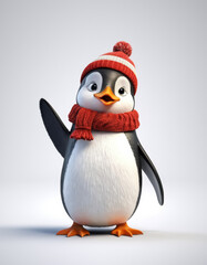 Obraz premium A 3D cartoon penguin with a small hat and scarf on a white background.