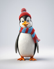 Fototapeta premium A 3D cartoon penguin with a small hat and scarf on a white background.
