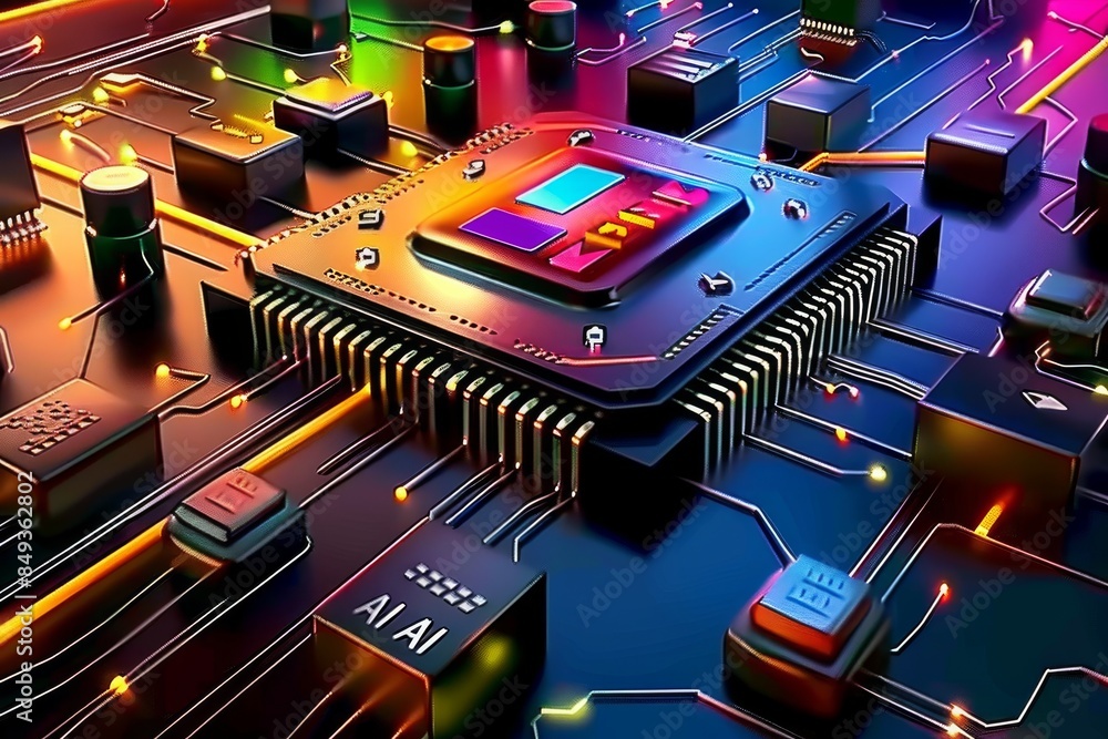 Poster close up of ai microchip on a colorful motherboard, representing the integration of artificial intel