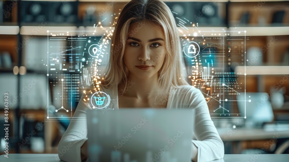 Poster a woman working with a laptop, surrounded by a security shield symbolizing protection. neutral-color