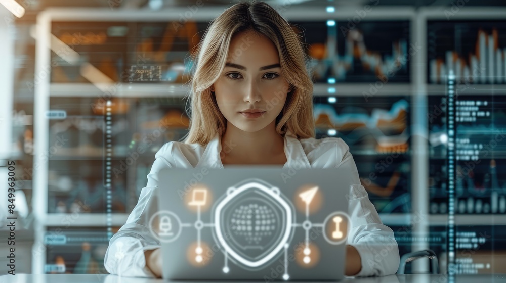 Wall mural A woman working with a laptop, surrounded by a security shield symbolizing protection. neutral-colored office space with a mix of tech elements, financial charts on the wall. Generative AI.