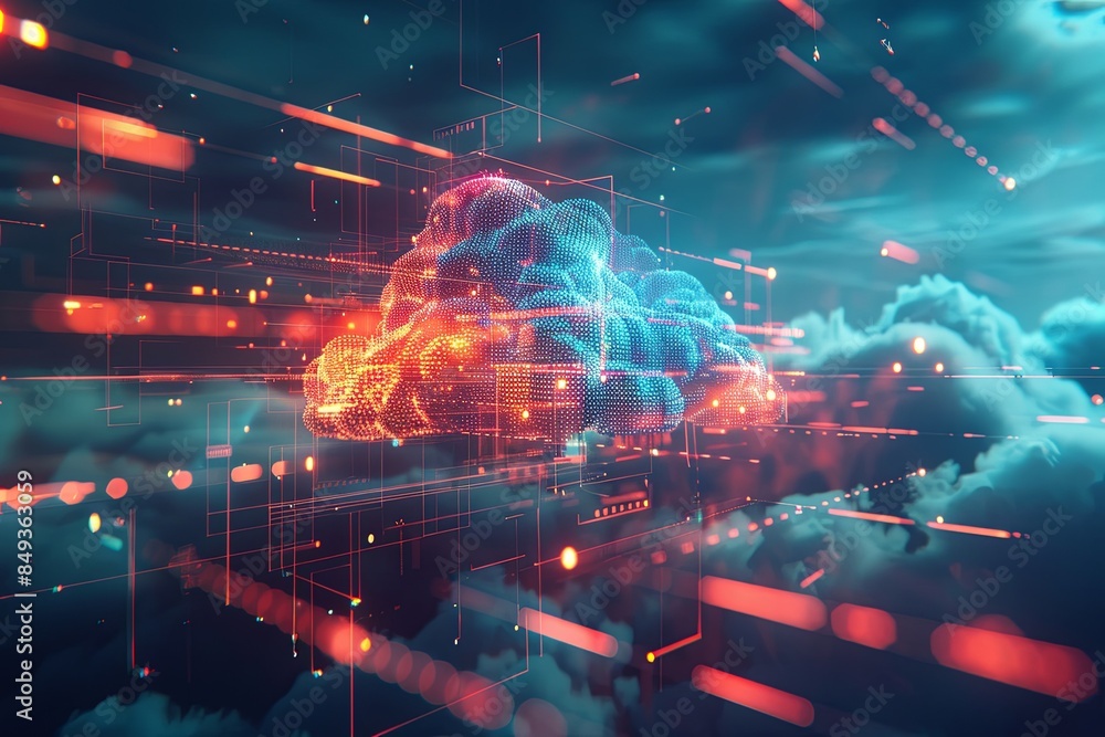 Poster an abstract image showcasing the concept of cloud computing with digital elements representing data 