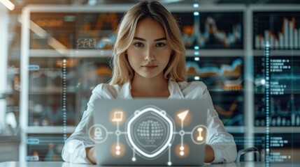 A woman working with a laptop, surrounded by a security shield symbolizing protection. neutral-colored office space with a mix of tech elements, financial charts on the wall. Generative AI.