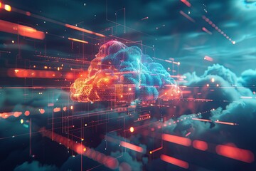 An abstract image showcasing the concept of cloud computing with digital elements representing data processing and AI operations within the cloud. Generative AI